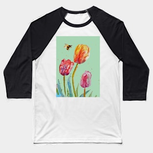 Tulip Flower Watercolor on Light Green Baseball T-Shirt